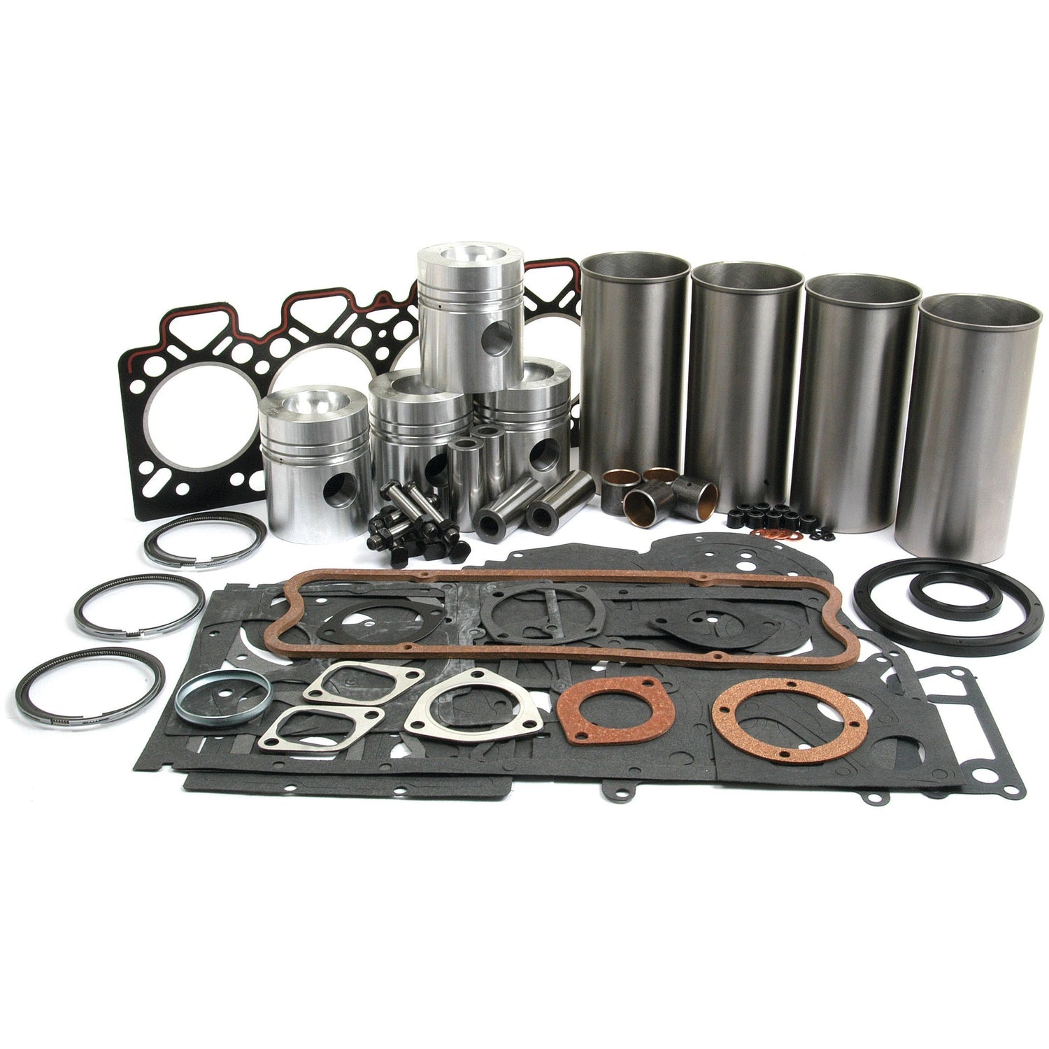 A collection of automotive engine parts, including pistons, cylinder liners, gaskets, and seals from the Engine Overhaul Kit without Valve Train (Finished) - S.41941 by Sparex, laid out on a white surface.