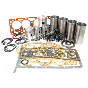 An assortment of engine components, including gaskets, pistons, piston rings, valve springs, and cylinders from a Standard Hotchkiss Engine arranged on a white background. The comprehensive collection comes from the Sparex brand's Engine Overhaul Kit without Valve Train (Finished) - S.41944.