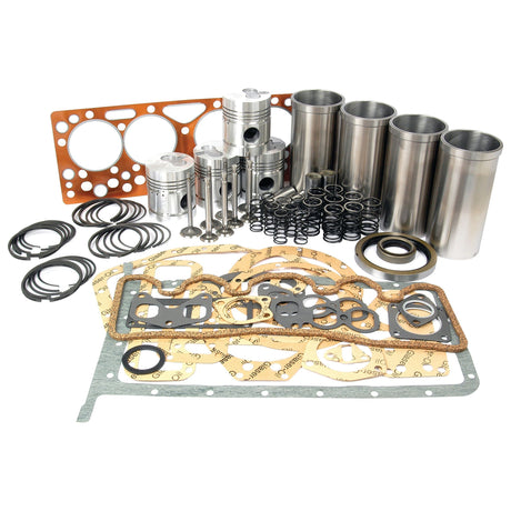 A variety of engine components, including pistons, 23C cylinders, gaskets, and rings from the Sparex Engine Overhaul Kit without Valve Train (Finished) - S.41944 are laid out on a white background.