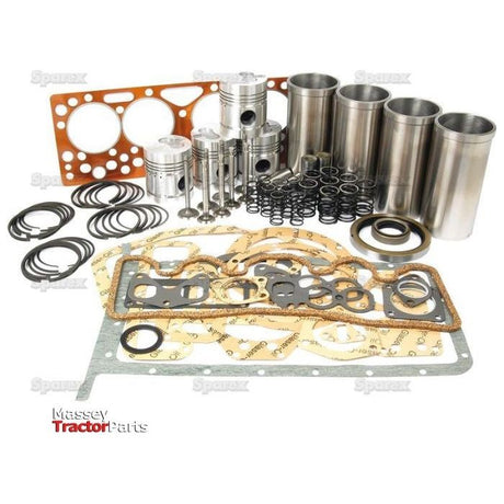 The Sparex Engine Overhaul Kit without Valve Train (Finished) - S.41944 is on display, featuring pistons, 23C cylinder liners, gaskets, and various seals and rings arranged on a white background.