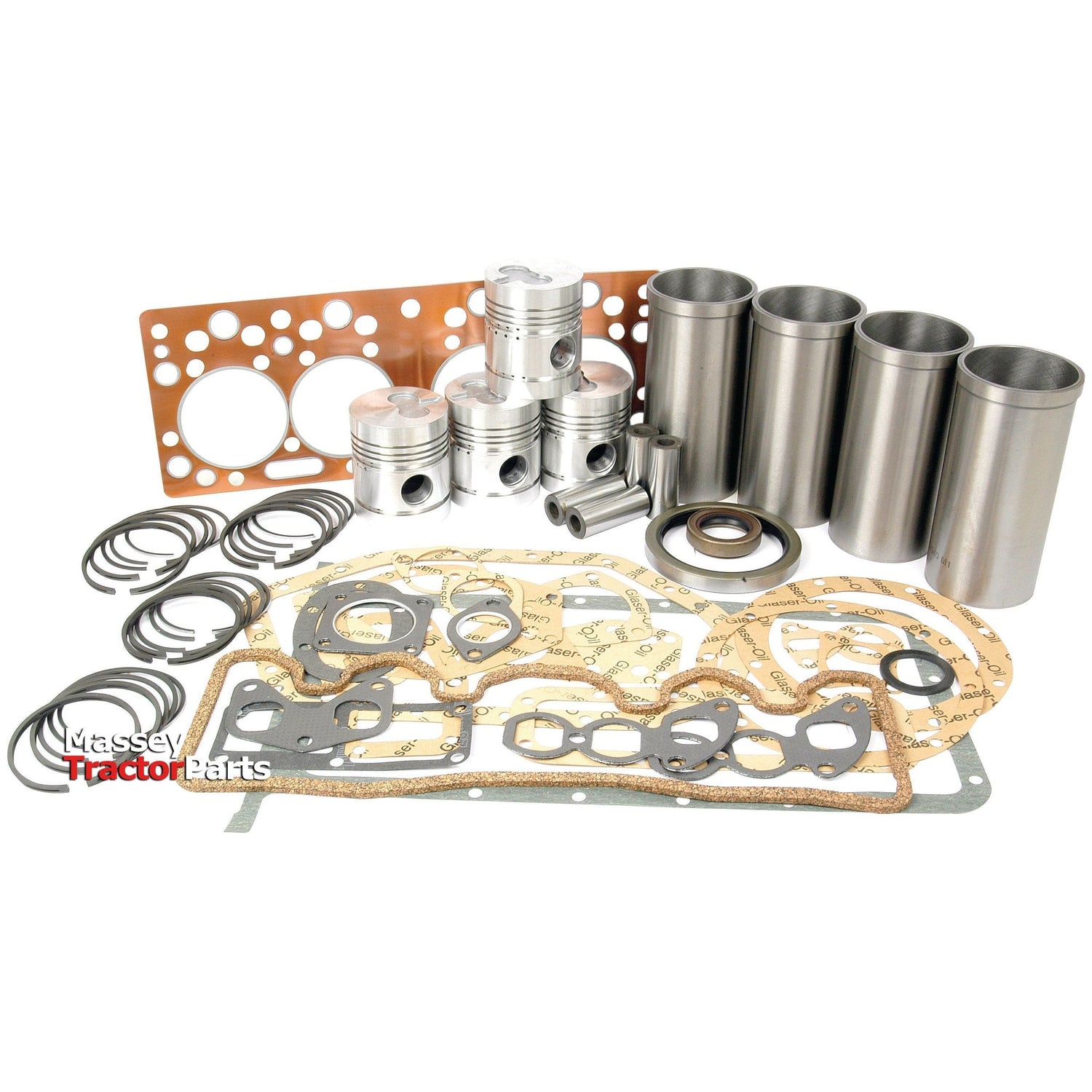 A collection of Sparex engine parts from the Engine Overhaul Kit without Valve Train (Finished) - S.41945, including pistons, gaskets, O-rings, and 23C cylinders, arranged on a white background with the brand logo visible in the bottom left corner.