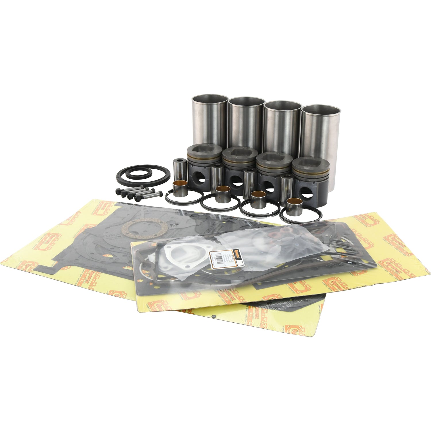A collection of Sparex engine components from the Engine Overhaul Kit without Valve Train (Finished) - S.43360 for a Perkins Engine, including pistons, gaskets, and seals, arranged on a white background.