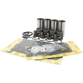 A collection of Sparex engine components from the Engine Overhaul Kit without Valve Train (Finished) - S.43360 for a Perkins Engine, including pistons, gaskets, and seals, arranged on a white background.