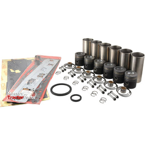 An Engine Overhaul Kit without Valve Train (Finished) - S.43361, containing pistons, rings, AT6.354.4 Cylinder, gaskets, and other components laid out in a neat arrangement. The packaging reads "Massey Tractor Parts" by Sparex.