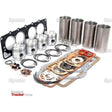 A collection of engine parts, including pistons, cylinder liners, gaskets, and seals, arranged neatly on a white background with "Massey Tractor Parts" labeled at the bottom left. Perfect for your AD4.55 engine, this Engine Overhaul Kit without Valve Train (Semi Finished) - S.57908 from Sparex is compatible with Massey and David Brown models.