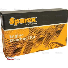 Image of a Sparex branded box with the text "Engine Overhaul Kit without Valve Train (Semi Finished) - S.57911." The box features a yellow and black design with images of engine parts. The Massey Tractor Parts logo is also visible, indicating compatibility with models like the AD4.55 and David Brown Engine.