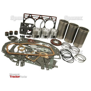 A Sparex Engine Overhaul Kit without Valve Train (Finished) - S.57923 for Case Engine D179, complete with pistons, gaskets, O-rings, sleeves, and various seals, laid out on a white background.
