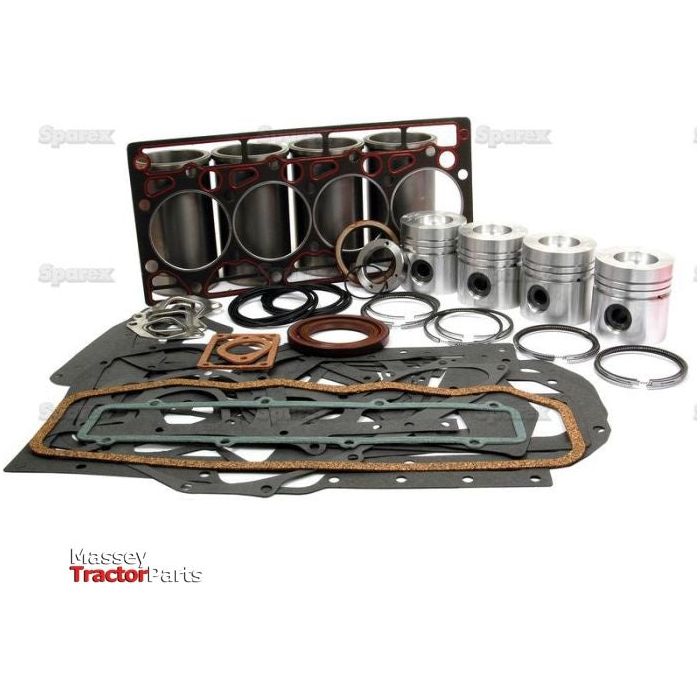 An Engine Overhaul Kit without Valve Train (Finished) - S.57925, containing pistons, gaskets, seals, and cylinder liners displayed on a white background. The kit is labeled "Massey Tractor Parts" and includes components for a Case D206 Engine, promising the reliable performance synonymous with Sparex quality.