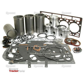 A collection of tractor engine parts, including gaskets, pistons, O-rings, and other components from the Sparex Engine Overhaul Kit without Valve Train (Finished) - S.57927, arranged neatly on a white surface.