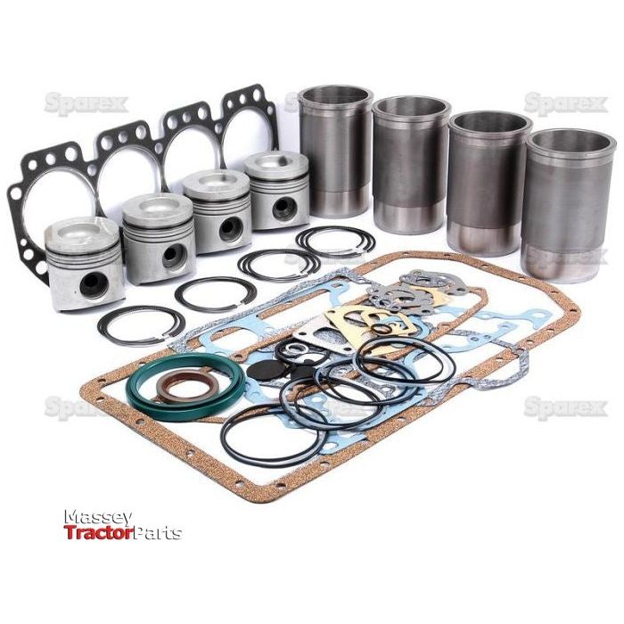 A set of tractor parts for a 4.239T engine, including pistons, gaskets, rings, and cylinder sleeves, displayed on a white background. The Sparex logo is visible in the bottom left corner, making it ideal for your next Engine Overhaul Kit without Valve Train (Finished) - S.58876.