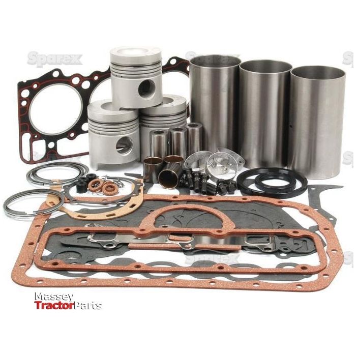 A collection of various automotive parts including gaskets, pistons, cylinders, and seals is arranged together on a white background. The text "Massey Tractor Parts" is visible in the bottom-left corner alongside the label "Sparex Engine Overhaul Kit without Valve Train (Semi Finished) - S.66088.