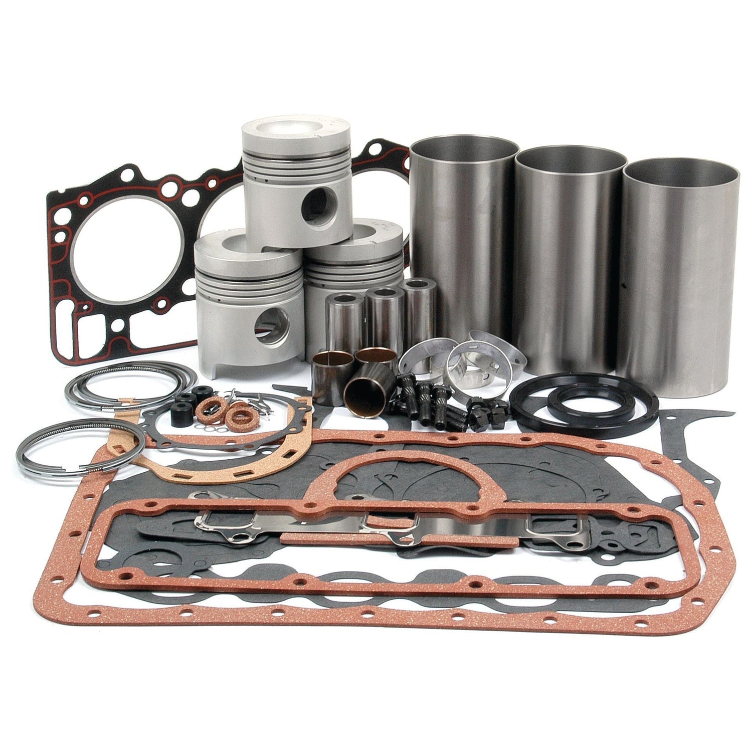 A collection of engine parts, including pistons, gaskets, piston rings, cylinder liners, and various seals and components from the Engine Overhaul Kit without Valve Train (Semi Finished) - S.66088 by Sparex for Ford BSD326 engines, arranged on a white background.