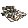 An assortment of automotive engine parts, including pistons, gaskets, cylinder liners, and various other components from the Sparex Engine Overhaul Kit without Valve Train (Unfinished) - S.66096 is meticulously arranged on a white surface.
