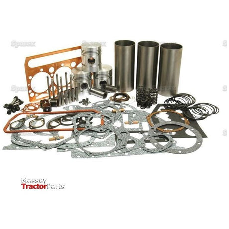 A display of various engine parts and gaskets, including pistons, cylinders, and semi-finished liners, arranged on a white background with the "Sparex" logo at the bottom left corner. Labelled as Engine Overhaul Kit with Valve Train (Semi Finished) - S.66596.