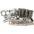 Assorted engine parts, including pistons, gaskets, cylinder liners, piston rings, and seals from the Sparex Engine Overhaul Kit with Valve Train (Finished) - S.66711 arranged on a white surface.