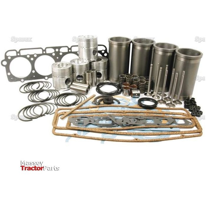 A collection of engine parts, including pistons, cylinder liners, gaskets, and seals from the Engine Overhaul Kit with Valve Train (Finished) - S.66711 by Sparex is displayed in an organized manner. Text in the bottom left corner reads "Massey Tractor Parts.