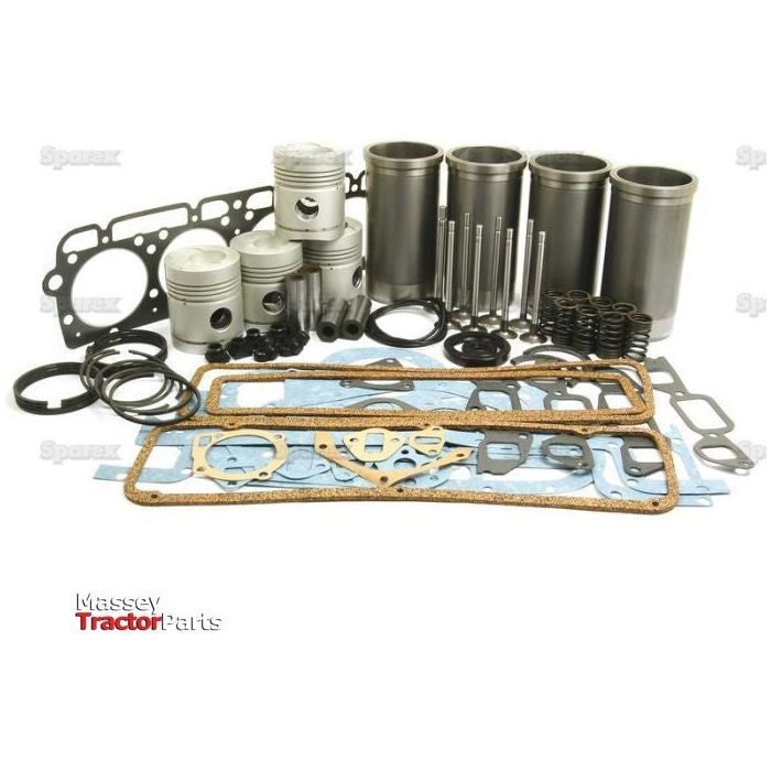 A collection of tractor engine parts, including pistons, gaskets, seals, and other components labeled "Massey Tractor Parts," as well as a Sparex Engine Overhaul Kit with Valve Train (Finished) - S.66816 for Ford models.