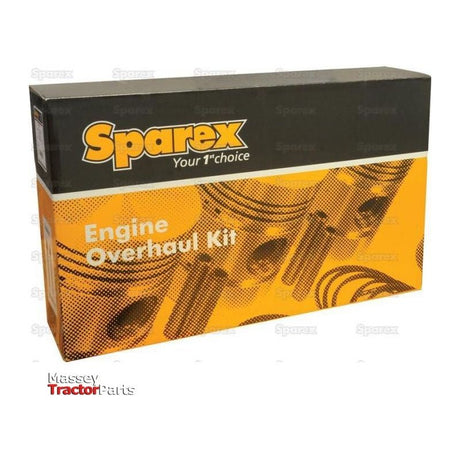 Box labeled "Engine Overhaul Kit without Valve Train (Semi Finished) - S.69245" from Sparex, with an orange and black design featuring images of engine parts and a Semi Finished Liner, along with text "Your 1st Choice" on the top.