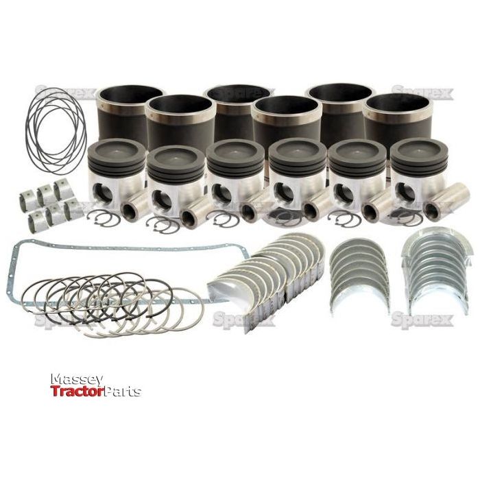 A collection of tractor engine parts, including pistons, rings, gaskets, and bearings from the Engine Overhaul Kit - S.25555, neatly arranged on a white background. The brand "Sparex" is displayed at the bottom.