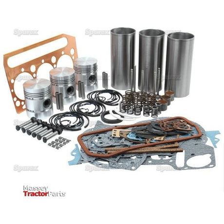 A comprehensive Sparex Engine Overhaul Kit with Valve Train (Finished) - S.40368 featuring pistons, cylinders, gaskets, and various other components, suitable for a tractor engine.