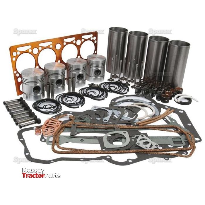 A collection of engine parts laid out on a white background, including pistons, gaskets, and other components labeled "Sparex Engine Overhaul Kit with Valve Train (Finished) - S.40371," specifically designed for the A4.192 Model Perkins Engine.