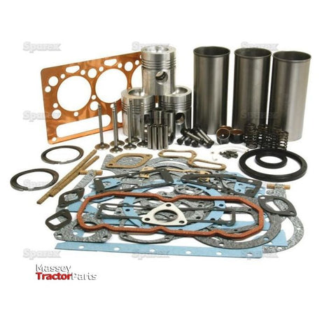 A collection of engine parts, including gaskets, pistons, rings, and liners for the AD3.152 Model Perkins Engine, laid out on a white background. Text in the image reads "Sparex" and "Massey Tractor Parts." Perfect for your next Engine Overhaul Kit with Valve Train (Finished) - S.40373.