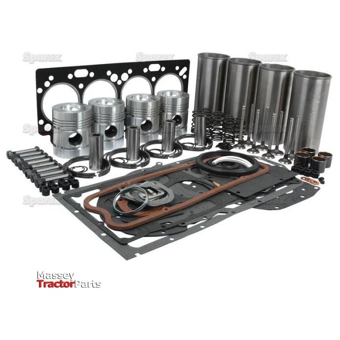The Engine Overhaul Kit with Valve Train (Finished) - S.40377 by Sparex is a comprehensive kit tailored for Massey Ferguson tractors equipped with the A4.236 Engine Model. It includes pistons, gaskets, valves, cylinder liners, and other components meticulously organized.