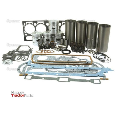 A collection of various engine parts, including pistons, gaskets, valves, and metal cylinders, displayed against a white background. The image features Sparex branding and highlights components for an Engine Overhaul Kit with Valve Train (Finished) - S.40382 designed for an A4.203 Perkins Engine overhaul kit.