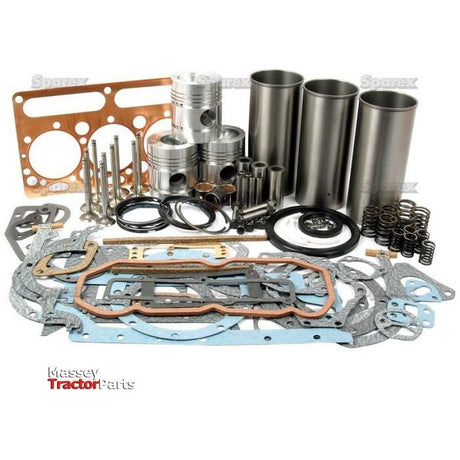 A collection of engine parts including gaskets, pistons, valve springs, and sleeves designed for the Perkins Engine is available in the Sparex Engine Overhaul Kit with Valve Train (Semi Finished) - S.40391, featuring "Massey Tractor Parts" text at the bottom left corner.