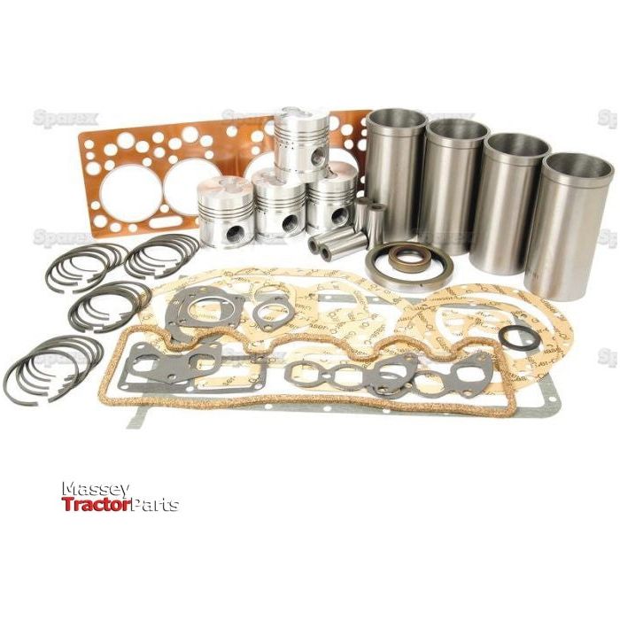 A comprehensive Sparex Engine Overhaul Kit without Valve Train (Finished) - S.41945 for a Perkins engine is displayed, including 23C cylinder liners, pistons, gaskets, seals, and various rings against a white background.