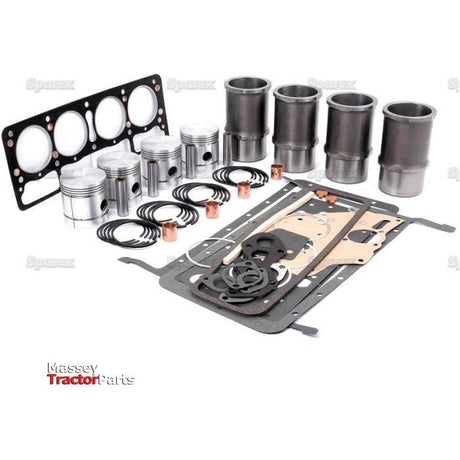 A set of engine parts, including pistons, a piston ring set, cylinder liners, gaskets, and seals displayed on a white background. Text reads "Sparex Engine Overhaul Kit without Valve Train (Finished) - S.43021".