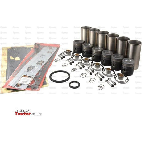 A collection of tractor engine parts, including pistons, rings, gaskets, and cylindrical components from the Sparex Engine Overhaul Kit without Valve Train (Finished) - S.43361 neatly arranged on a white background.