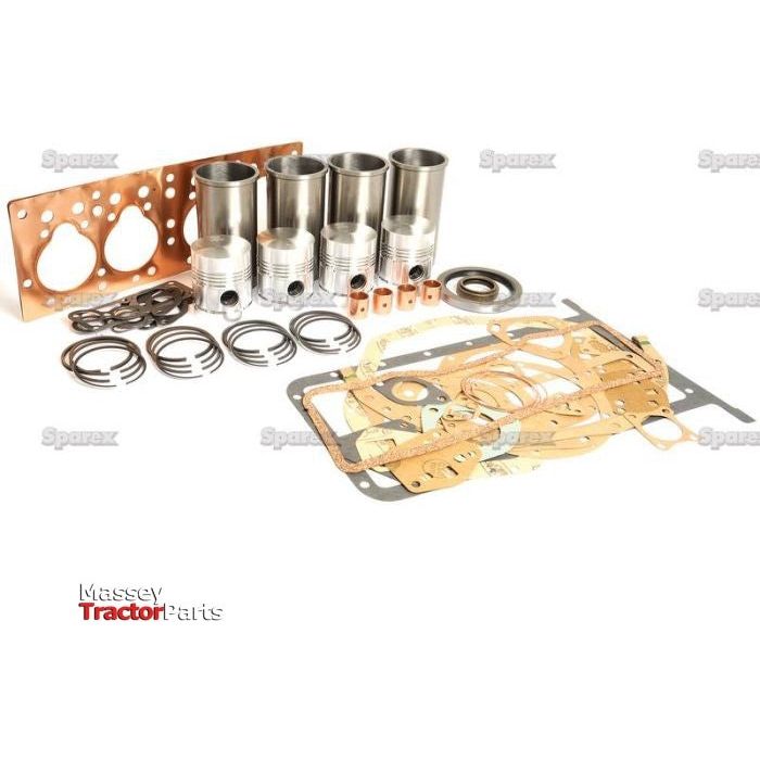 Assortment of engine parts and gaskets arranged on a white background, labeled "Massey Tractor Parts" in the bottom left corner, featuring components ideal for an overhaul of a Standard Engine Model 20C using the Sparex Engine Overhaul Kit without Valve Train (Finished) - S.44016.