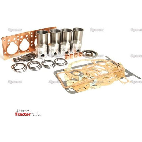 Assortment of engine parts and gaskets arranged on a white background, labeled "Massey Tractor Parts" in the bottom left corner, featuring components ideal for an overhaul of a Standard Engine Model 20C using the Sparex Engine Overhaul Kit without Valve Train (Finished) - S.44016.