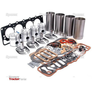 A collection of engine parts, including pistons, cylinders, gaskets, and various metal components, displayed on a white background. A "Sparex" logo is visible in the bottom left corner. This Engine Overhaul Kit without Valve Train (Semi Finished) - S.57907 is perfect for models like the AD4.49 David Brown series.