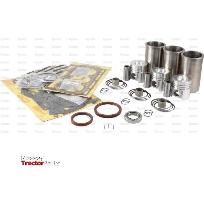 A comprehensive set of engine parts, including gaskets, pistons, liners, piston rings, seals, and other components from Sparex's Engine Overhaul Kit without Valve Train (Finished) - S.57922 for the Case D155 model. All items are neatly arranged on a white background.
