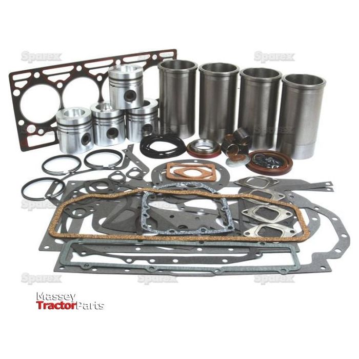 A compilation of engine parts, comprising pistons, cylinders, gaskets, and seals organized together. The image showcases the Sparex Engine Overhaul Kit without Valve Train (Finished) - S.57930 featuring a variety of essential components for the assembly or repair of a Case Engine D268.