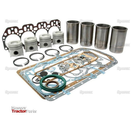The **Sparex Engine Overhaul Kit without Valve Train (Finished) - S.58875** offers a meticulously arranged set of pistons, sleeves, gaskets, and seals. This kit comprises an array of circular and rectangular components designed for comprehensive maintenance of the Massey Ferguson 4.239D model engine.