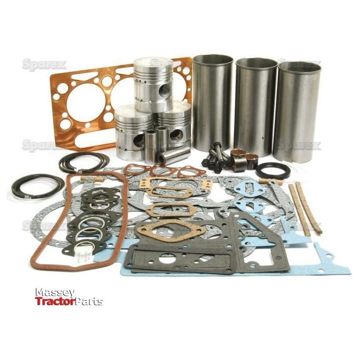 An assortment of tractor engine parts, including pistons, cylinder liners, gaskets, and seals from a Sparex Engine Overhaul Kit without Valve Train (Finished) - S.41883, arranged on a white background.