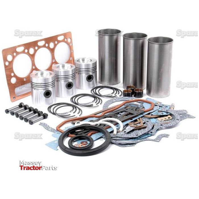 Image of various engine parts and gaskets for a tractor, including metal components and rubber seals organized on a white background. The image features the text "Massey Tractor Parts" and showcases the AD3.152 Engine Model alongside Sparex's Engine Overhaul Kit without Valve Train (Finished) - S.41885.