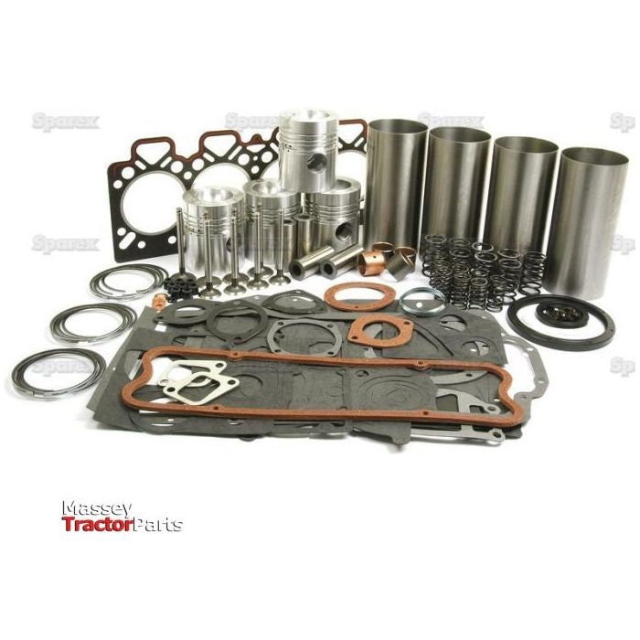 An image displays the Sparex Engine Overhaul Kit with Valve Train (Semi Finished) - S.40397, featuring pistons, gaskets, seals, and other components arranged neatly on a white background. The Massey Tractor Parts logo is visible in the bottom left corner. This comprehensive kit includes parts for the Perkins Engine A4.248, ensuring complete restoration.