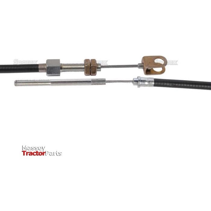 The Engine Stop Cable from Sparex, identified by part number S.57467, includes metal connectors, adjustment nuts, and wire components. It serves as a replacement part for tractors and features an outer cable length of 1094mm, making it suitable for David Brown 880 models. The image is linked with Massey Tractor Parts.