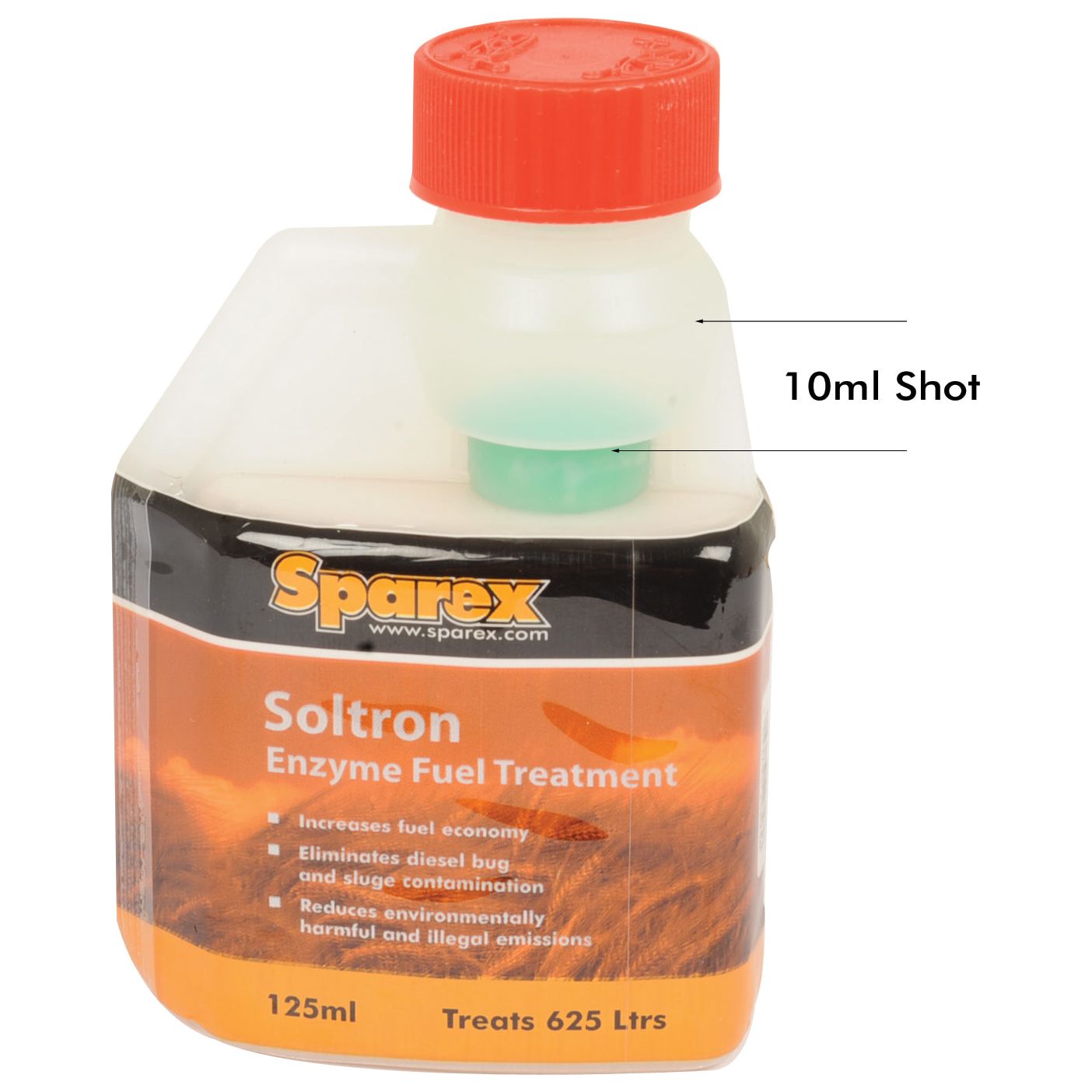 Image of a 125 ml bottle of Enzyme Energy Fuel Treatment 125ml - S.24893 by Sparex. The bottle is marked with measurements and claims to increase fuel economy, reduce harmful emissions, and combat microbial growth in fuel systems.