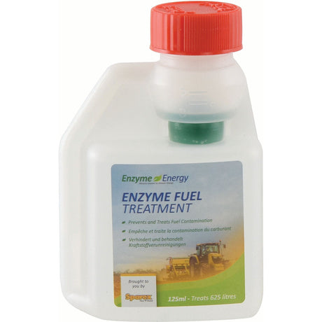 A 125ml bottle of Sparex Enzyme Energy Fuel Treatment (S.24893) with a red cap, designed to enhance fuel economy. The label indicates it prevents microbial growth and treats up to 625 liters of fuel.