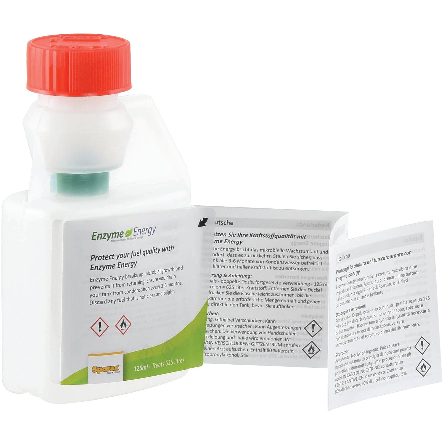 The Sparex Enzyme Energy Fuel Treatment 125ml - S.24893 comes with an attached multilingual instructions booklet, a red cap, and claims to protect fuel quality and improve fuel economy by combating microbial growth.