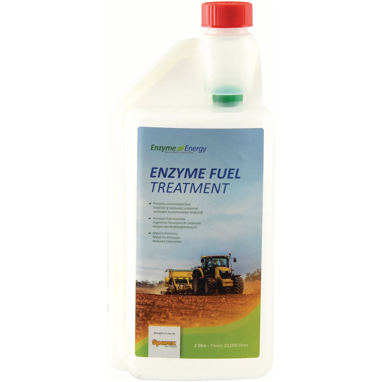 A 1-liter bottle of Enzyme Energy Fuel Treatment by Sparex, model S.24895, featuring a red cap and a label depicting a tractor in a field. The label asserts its ability to improve fuel efficiency, stabilize fuel, and reduce emissions to enhance fuel economy. Capable of treating up to 10,000 liters of fuel.