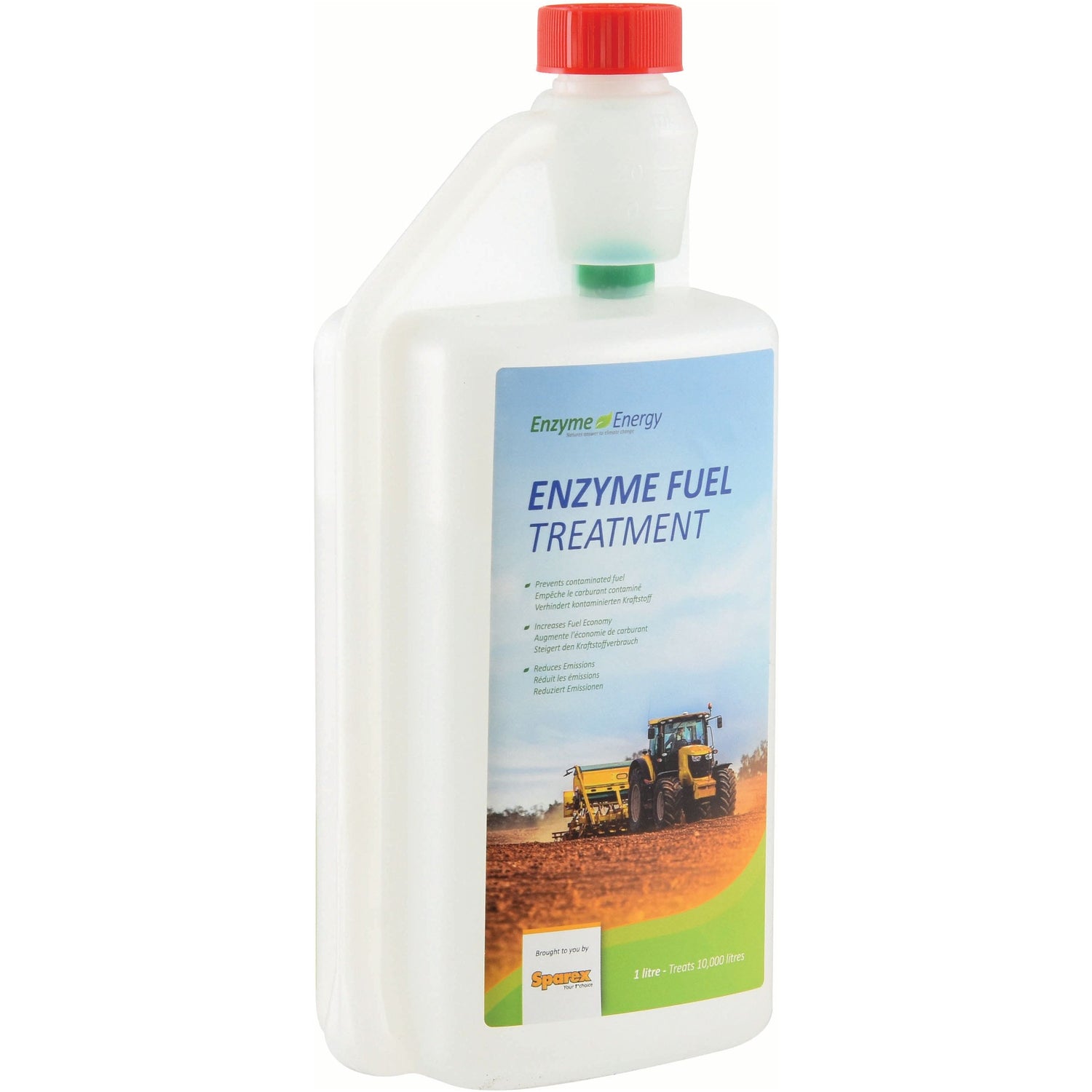 A white bottle with a red cap labeled "Enzyme Energy Fuel Treatment 1 ltr(s) - S.24895" by Sparex, featuring an image of a tractor in a field, designed to improve fuel economy and reduce emissions.