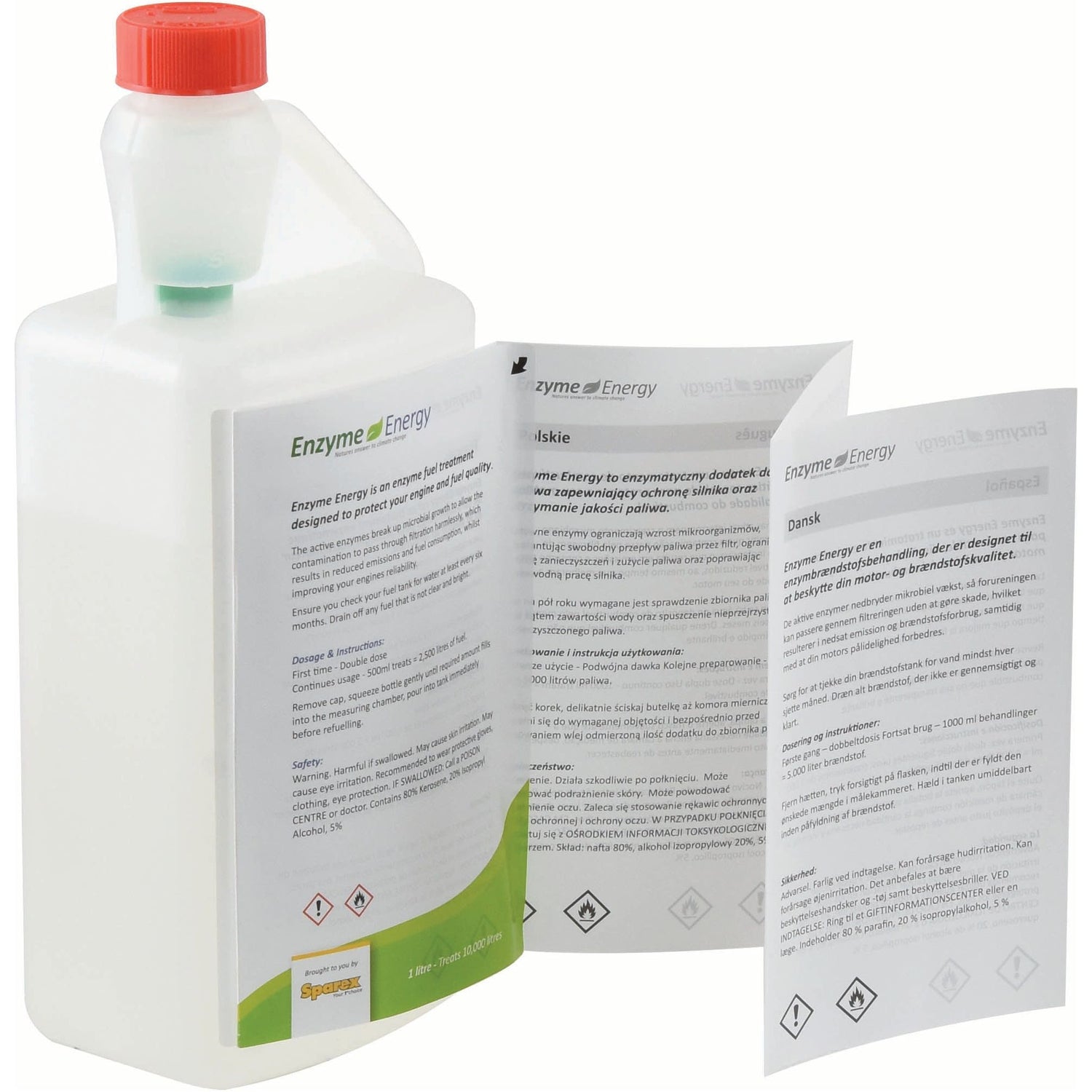 A white plastic container with a red cap labeled "Enzyme Energy Fuel Treatment 1 ltr(s) - S.24895" from the brand Sparex, accompanied by three unfolded instruction leaflets containing text, hazard symbols, and information on improving fuel economy.