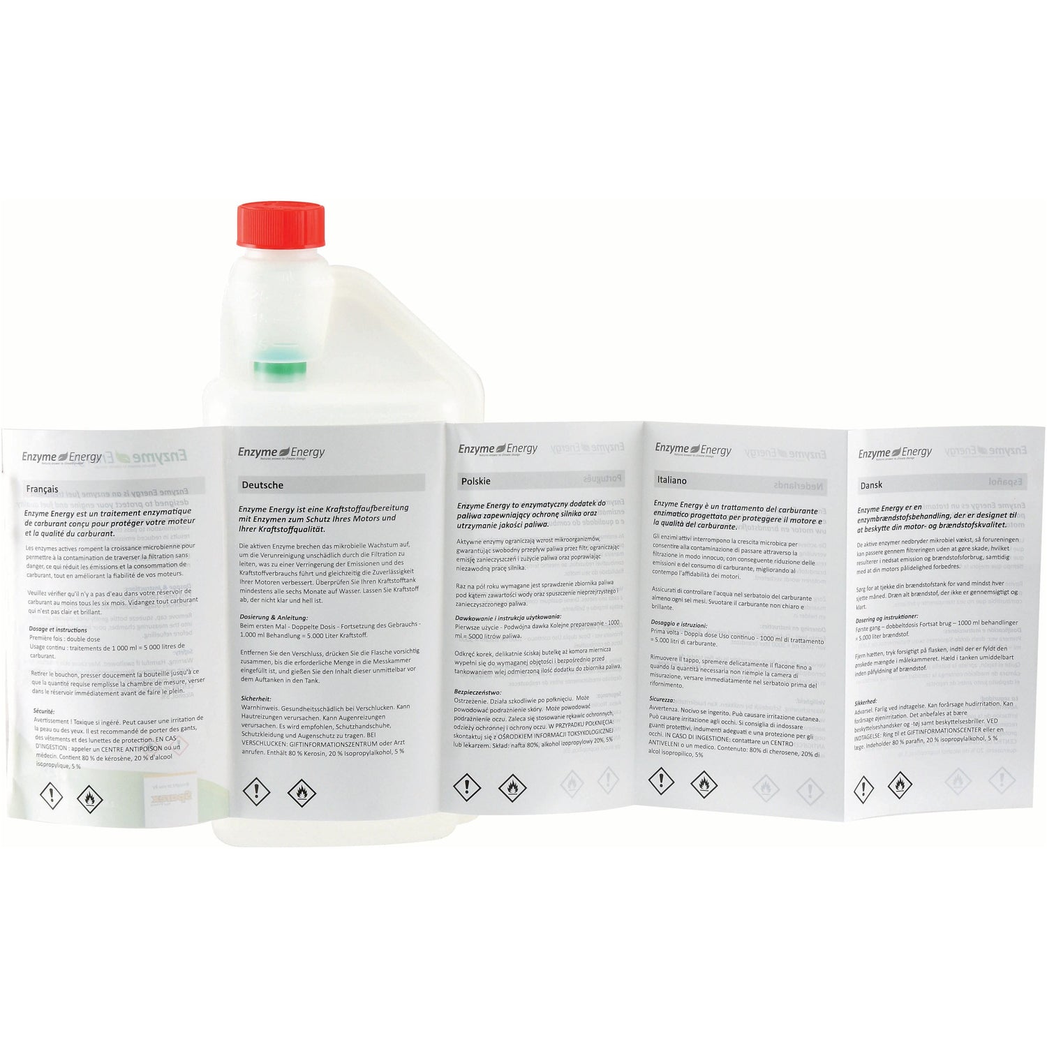 The Enzyme Energy Fuel Treatment 1 ltr(s) - S.24895 by Sparex, featuring a red cap and accompanied by a multi-language instruction leaflet, is designed to improve fuel economy.