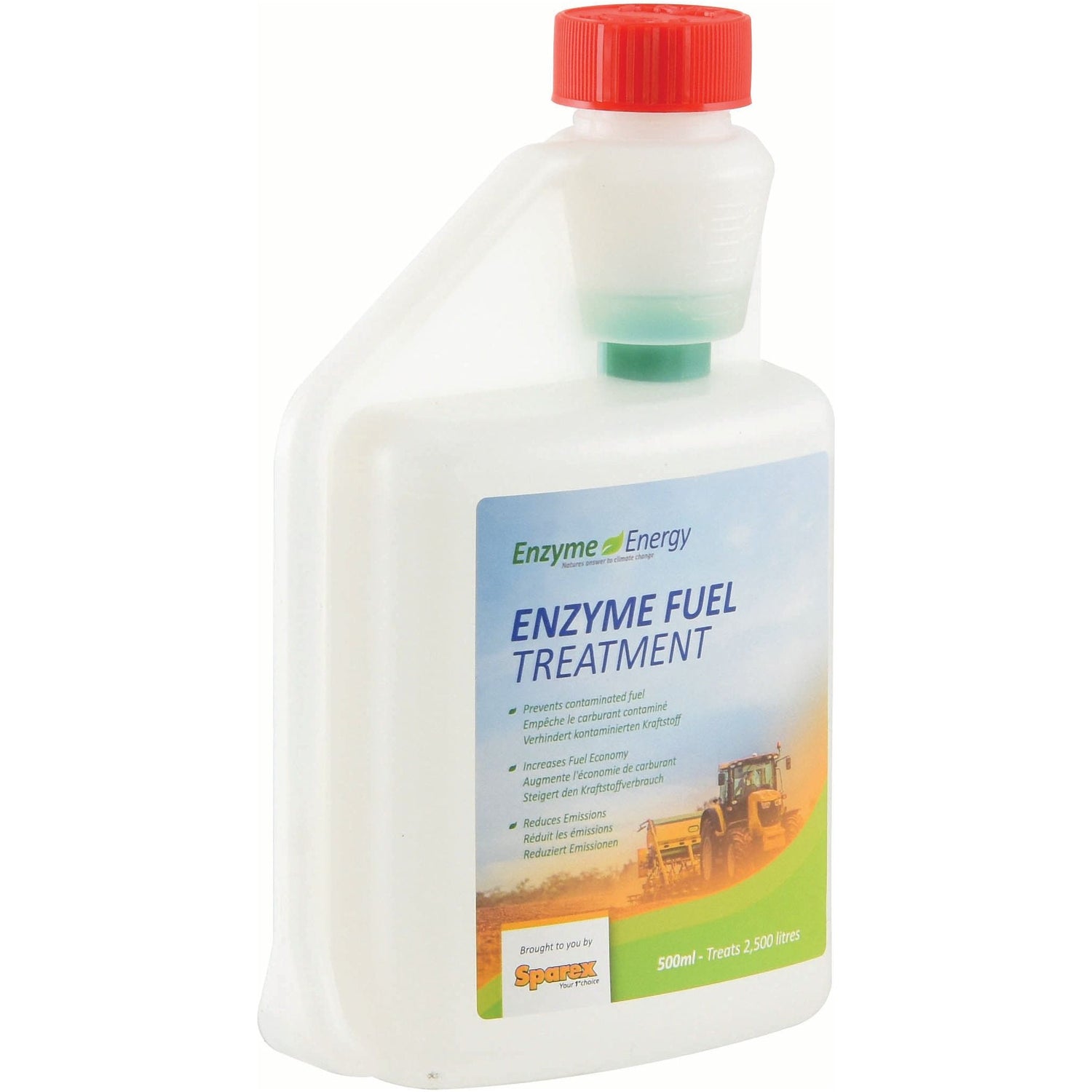A 500ml bottle of Enzyme Energy Fuel Treatment (S.24894) from Sparex, featuring a red cap. The label indicates it treats up to 2,500 liters and displays an image of a tractor in a field. This formula also enhances fuel economy and provides effective fuel contamination prevention.
